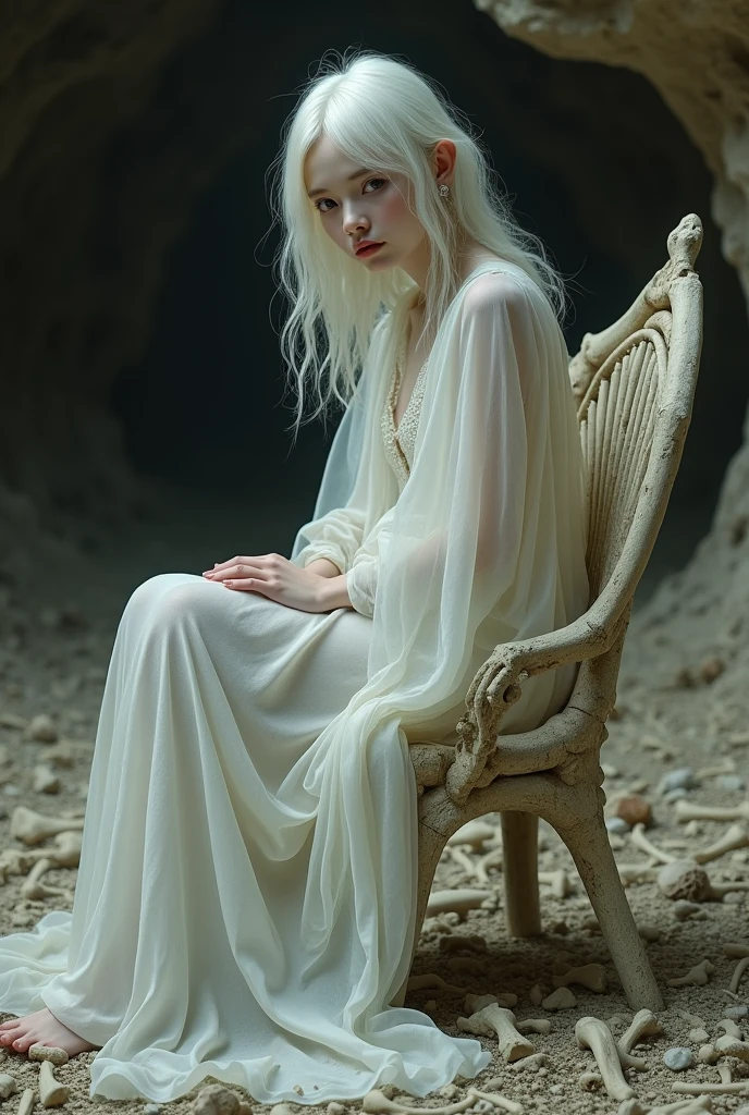 clear, a young woman with a pale and ethereal appearance, emerges from his coffin, the coffin is lying inside a disturbed grave, your eyes open and empty. She is dressed in a simple white dress, but now dirty and crumpled. Your skin has a ghostly hue