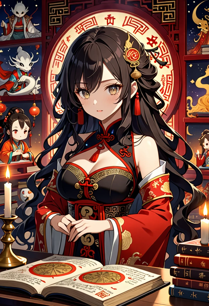 Highest quality, 16K, Unbelievably absurd, Very detailed, 2.5D, delicate and dynamic, , formal, Fortune Telling Hut, Chinese style, candle, Astrology Books, Strange Asian Figurines, Buddhist statue, 分厚いAstrology Books, Creepy Paintings, Mysterious Doll, spooky, Small face, Very delicate facial expressions, Delicate eye depiction, Upper body close-up, erotic, One sexy woman, Cool woman, black long wavy hair, Healthy body shape, 25-year-old woman, Cool woman, Height: 170cm, huge bouncing busts, astrologer, Horoscope, , Suspicious look, Chinese clothing with a complex structure, Chic colored clothes, garter belt, Fishnet tights, Magician&#39;s Shoes, Chinese styleの椅子に座る, At the desk, Fortune telling, 