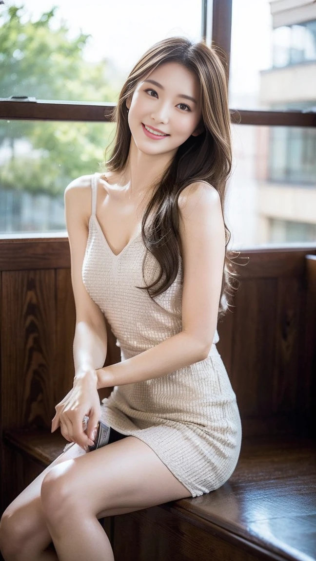((Best Quality, 8K, Masterpiece: 1.3)), 1 Girl, Slim Abs Beauty: 1.3, (Hairstyle Brown Hair Shortcut, Big: 1.2), Dress: 1.1, Super Slender Face, Delicate Eyes, Double Eyelids, Smile, Home, Raw Photo