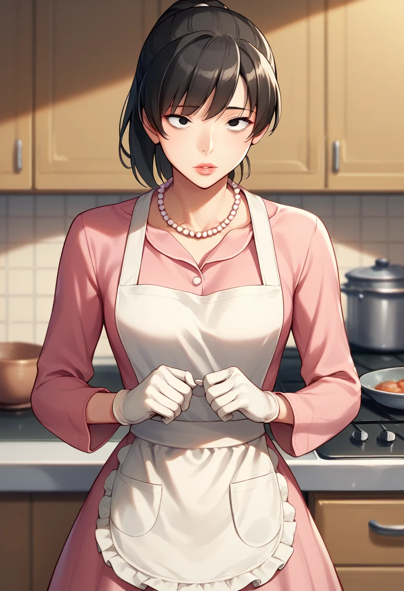 Hibiki Tsukahara, black eyes, black hair, ponytail, narrow eyes, slanted eyes,Pink Dress、apron、Long sleeve、High heels、Pearl necklace、jewelry、make、White gloves、lipstick、indoor、kitchen