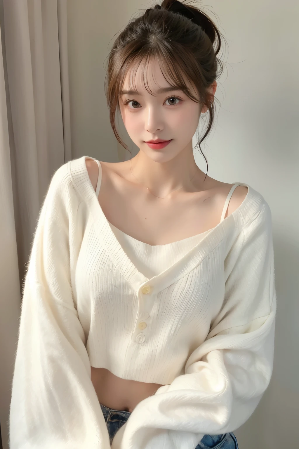 best qualtiy， 超高分辨率， （realisticlying：1.4），cute hairpin，Baoyu Girl，1girll, Beautiful woman with a slim figure:1.4, Abs:1.1, (A brown-haired, mideum breasts:1.3), Long pink sweater:1.1, 浴室,Ultra-fine face，Elaborate Eyes，二重まぶた，ssmile，choker necklace