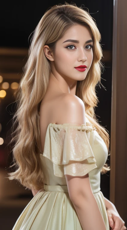 masterpiece, Highest quality, (Realistic,photo-Realistic:1.4), (RAW Photos:1.2), Highly detailed CG Unity 8k wallpaper, Delicate and beautiful, wonderful,In detail, Official Art, Absurd, incredibly Absurd, Large file size, Super detailed,Highly detailed eyes and face,Light on the face,Ino Yamanaka,(A small smile),(Blonde:1.4),(Long Hair:1.6),(Gold Dress:1.4),garden,ponytail