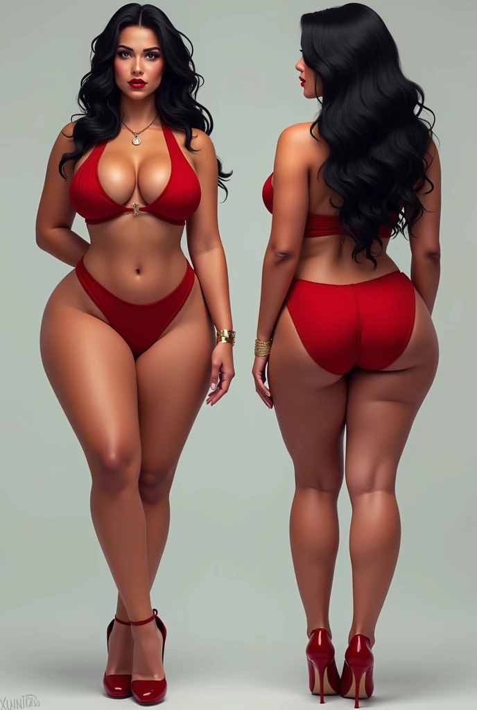 An upscaled, photorealistic, 4k, professional and perfect full body image of a beautiful, sexy, hot, perfect and muscular grid girl with wet hair, a slim and sexy perfect body with accentuated curves, amazing femininity, big, round and perfect breasts, big, round and perfect ass, thicc thighs and thick and juicy lips. She has a dripping wet body which is covered in Coconut oil, giving her a slick and wet look. She is wearing latex high heel boots and a tight, body hugging metallic colored latex racing suit that shows and amplifies her clevage and sticks to her like a second skin. Her perky, erect nipples are poking at the fabric of the dress she is wearing. She is also wearing a shiny latex choker and her hair is in a Wavy Cut with Curtain Bangs. The full body frame of the image also shows her legs and goes all the way down to her feet. She is standing on a racetrack.