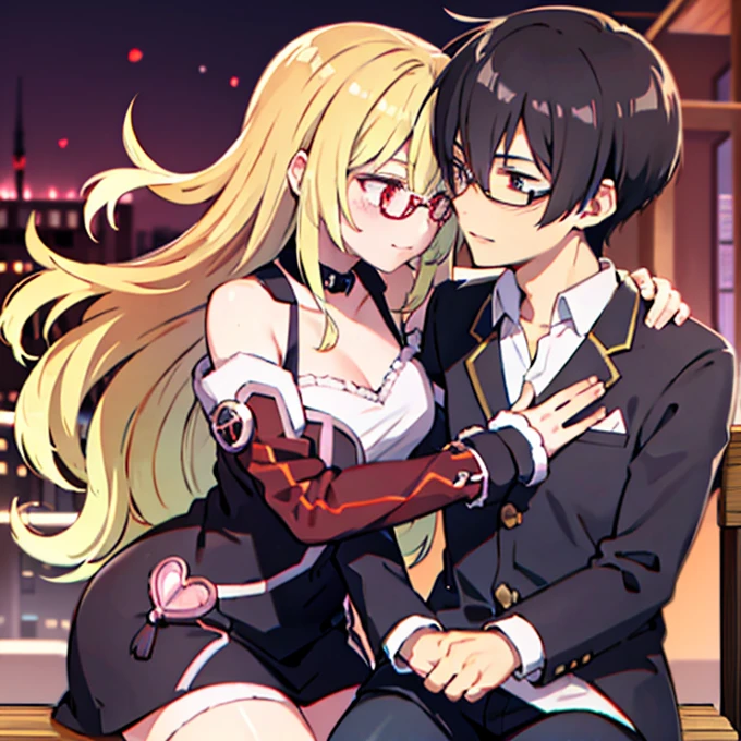 1 boy with black hair, Red jacket and glasses romantically kissing a girl with blonde hair and red eyes. City at night in the background., True love, blushing cheeks, high quality 