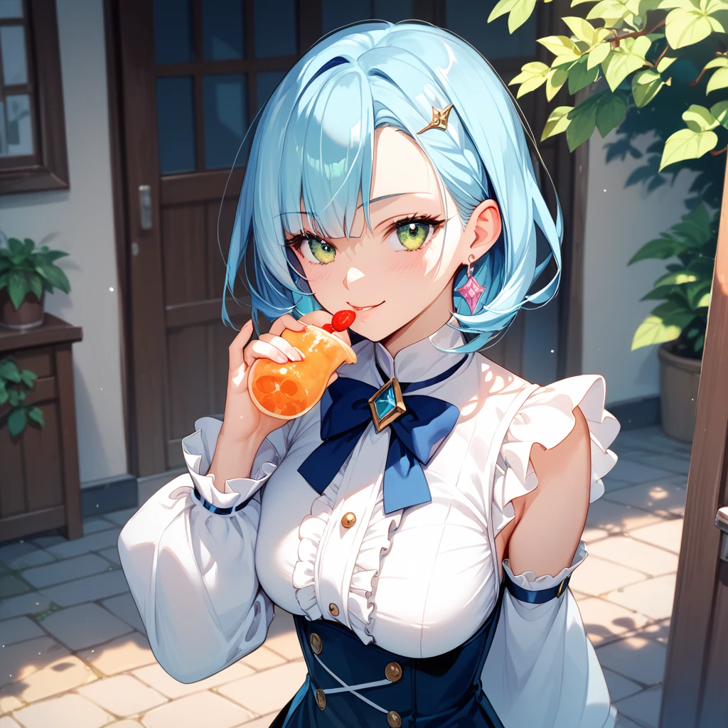(((Masterpiece)))), (((Best Quality))), Hi-Res, On Thighs, Sitting, (Cute One Girl))), Solo, White Skin, Small, Eight-headed, (Light Blue Hair), ((Short Hair)), (Straight Bangs)), Beautiful Hair, Blue Eyes, Beautiful Eyes in Detail, (((Tongue)), Red Face, Heart, Summer Clothes, Ruffles, Earrings, Outdoor, Cafe Terrace, Shadow Lighting,