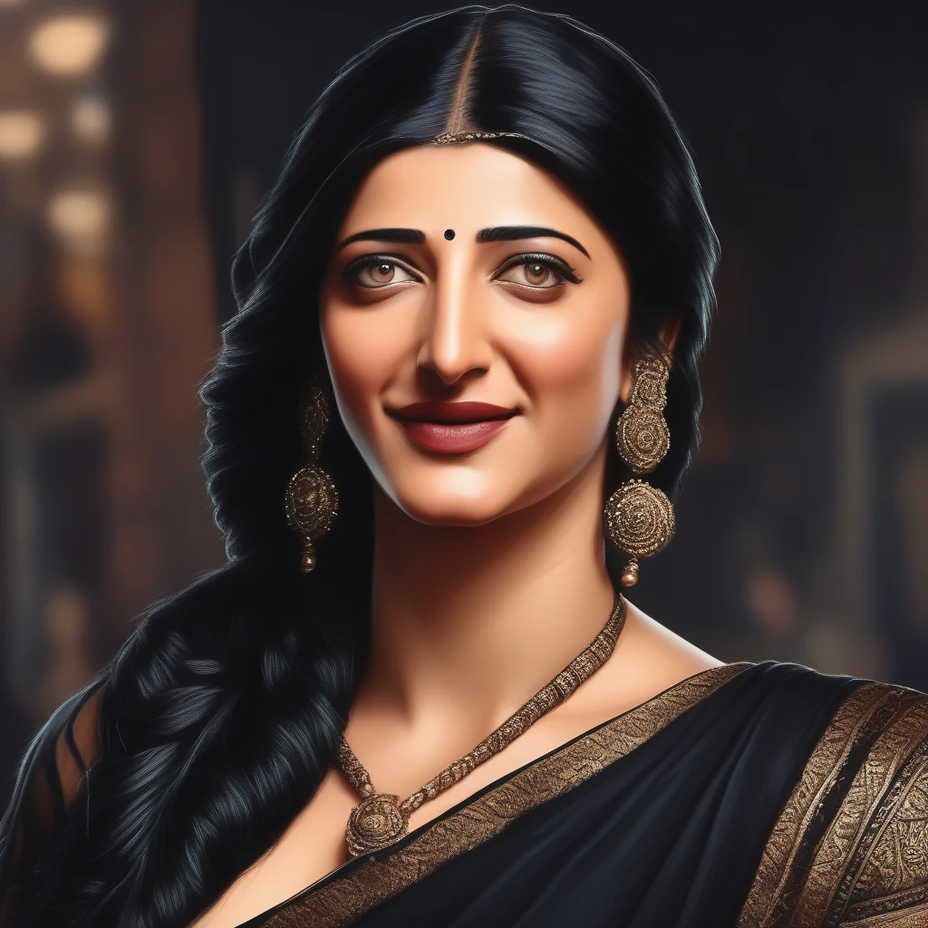 Shruti haasan,(art by Kubisi Art:0.7) , (art by Tom McGuinness:0.9) , wearing black saree, showing navel, [portrait, full body pic of Scandinavian Girl, Directing a TV show, Masculine Pose, Vile hair styled as Chignon, Hopeful, L USM::8], hyper realistic, hyper detailed, 4k, realistic skin texture, Indian traditional longest braided hair, princess longest  braided hair , detailed eyes, best quality, 4k quality eyes , 