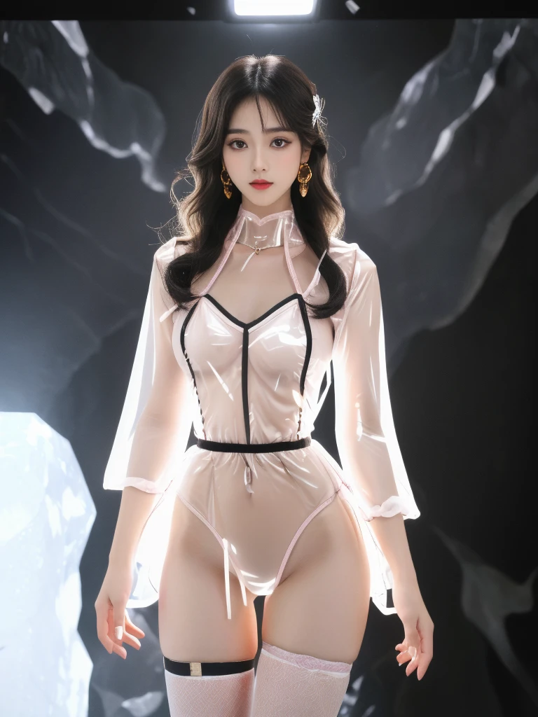 8K, Masterpiece, RAW photo, Best quality, Photorealistic, Extremely detailed Cg Unity 8K wallpaper, Depth of field, Cinematic light, Lens flare, Ray tracing, (Extremely beautiful face, Beautiful lips, Beautiful eyes), intricate detail face, ((ultra detailed skin)) 1girll, In the dark, deepshadow, pretty asian girl, heartthrob,(Very slim and slender muscular body:1.3), ((view the viewer)),(Big smile:1.3), (Cityscape, The background is blurred out), (Dim lights, the roof, terrazzo), Pretty girl, Earrings, bangle, necklace, Clear eyes, Walking , front footage, (Pale skin), Face forward, (Big eyes), ((Full body shot)), ((Black silk ties)), ((Transparent red dressing gown:1.3)), (brown hairs) (view the viewer:1.3), (Lace-up panties), open breast, Medium breasts, Shiny , (see through, Pink dressing gown :1.3), terrazzo