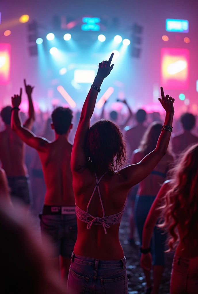 25 year old woman at a rave Dancing completely naked, feeling the bass from the dubstep vibrate through her entire body. This quickly leads to an entire orgy breaking out on the dance floor. It’s a complete free for all. Everybody is just taking off their clothes and having Group sex.
