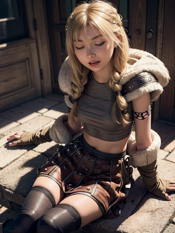 Astrid, open mouth, stick out your tongue, closed eyes, Skinny body, small bust, mini skirt, black stockings, exposed stomach, sitting, pose sexy