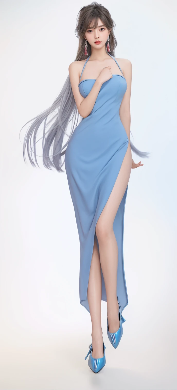 moody lighting, beautiful elf woman, (platinum blue hair), ((very long hair)), perfect face, innocent smile, (red eyes), (naked), (petite), (slender), ((flat chest)), ((18 years old)), skindentation, extreme detail, attractive oval face, pink lips, pink nipples, glossy skin, detailed hair, face focus, close-up chest, gold ornamental necklace, earrings, (1 girl), blush, embarrassed expression, ((high heels)), standing, long legs, thigh-highs,