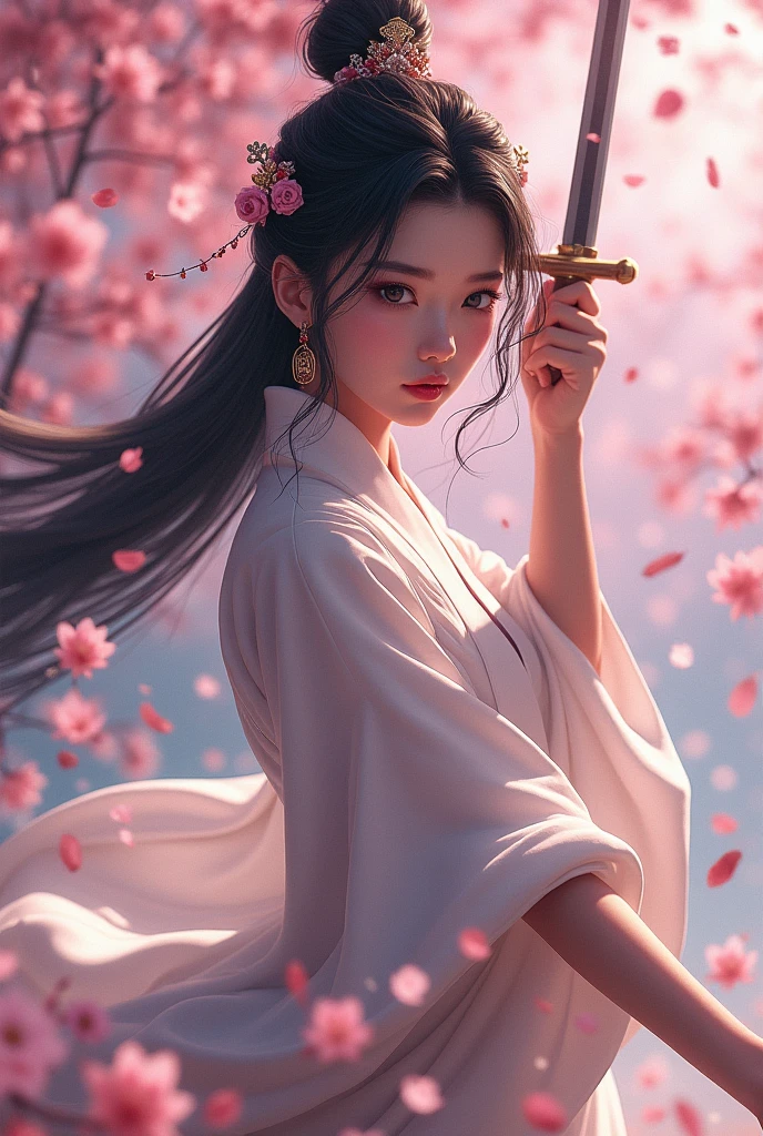Ws,Snow, Flying Petals Under The Air,A girl fighting with a sword, she holds the sword to cover one eye, the other eye is looking at the opponent Hard Light, cinematic Light, A 16-Year-Old japaness Beautiful Girl In hanfu,girl Sword fighting Martial Arts Style, Chinese Fairy Tale, The Background Is Colorful Light Spots, Highly Detailed, Dynamic, Cinematic, Stunning, Realistic Lighting And Shading, Dramatic Light, Vivid Vibrant 8k,35mm Lens, Photorealistic, Kodak Portra