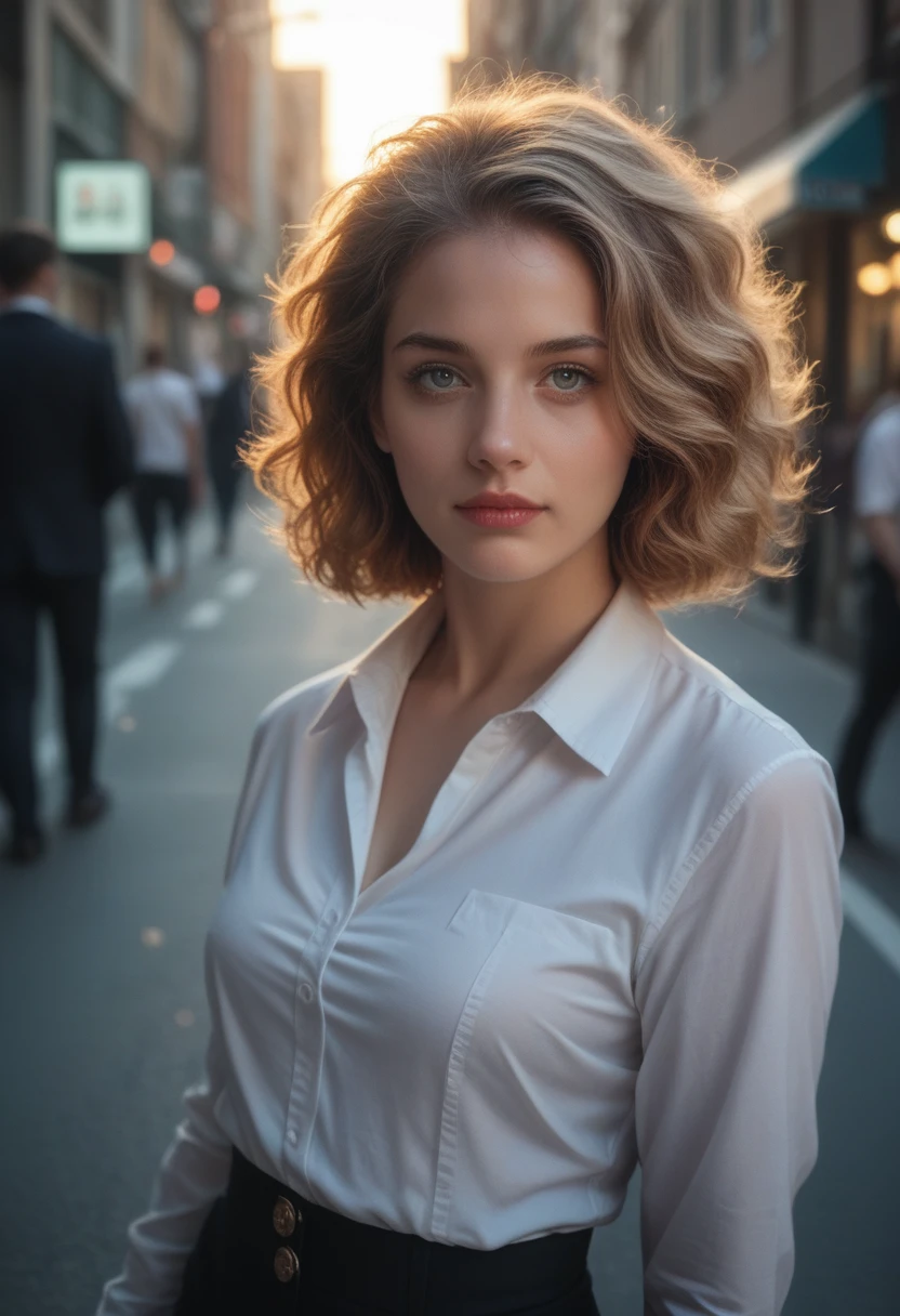 best quality, top quality, 8k, high resolution, ultra-detailed, extremely detailed, realistic, beautiful girl, bright hair, drak eyes, on the street, cinematic, professional lighting, score_9, score_8_up, score_7_up,