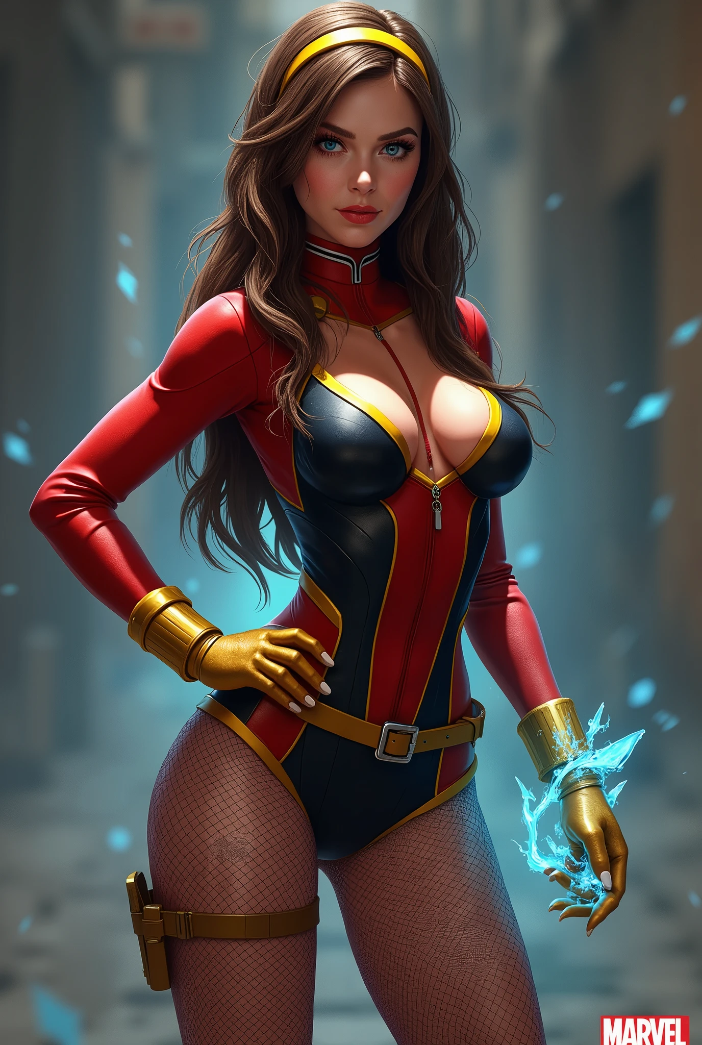((best quality)), ((masterpiece)), ((ultra realistic)), (dynamic twirl pose), american, beautiful detailed face, detailed eyes,  reporter, dressed in a red leotard, highly detailed, professional,  legs, (full body costume design), standing, brown hair, medium hair, green eyes, yellow knee boots, long blue sleeves with red cuffs, yellow hawk-shaped crest engraved on , cowboy shot, spinning energy pulse, light particles, wind swirls