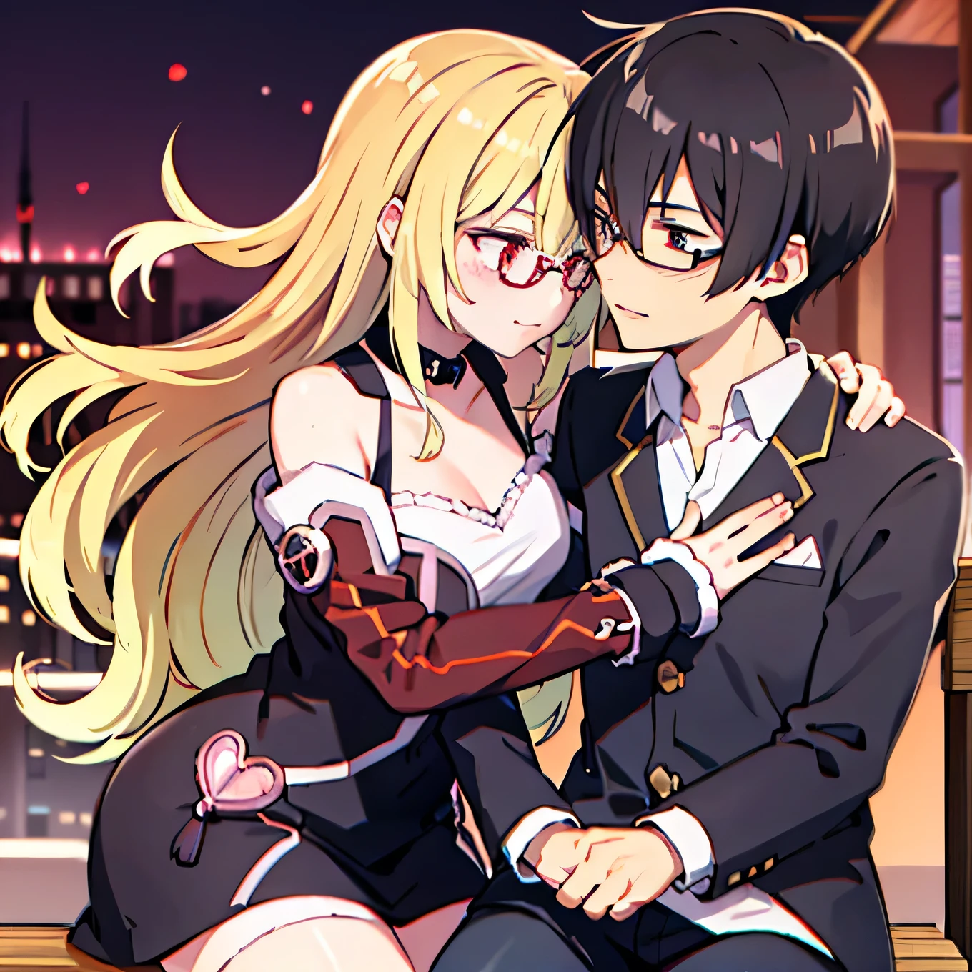 1 boy with black hair, Red jacket and glasses romantically kissing a girl with blonde hair and red eyes. City at night in the background., True love, blushing cheeks, high quality 