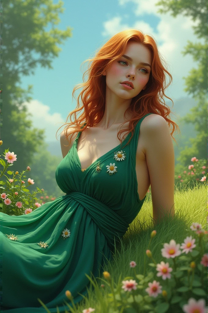 (((full medium shot))), (Masterpiece, photorealistic, photorealism, best quality, ultra-detailed: 1.3), (beautiful hands, perfect hands), beautiful thighs, official art, cinematic light, (1 girl: 1,3), adult, young lady, long curved red hair, oil and watercolor painting, (sketch: 1,1), limited palette, bright green eyes, fleshy red mouth, red hair with light highlights, skin bright, empty eyes, (lips: 0.4), (watercolor: 0.8), (ink splatters: 1.2), (flesh griffiths: 1.2), red flower background, masterpiece, cinematic shadows, deep shadows, details intricate, award-winning, beautifully lit, cinematic lighting, ray tracing, dynamic angle, dynamic pose, full body shot, vibrant, beautiful, painterly, detailed, textural, artistic, sharp focus, very inspiring, innocent, elegant, impressive, rich , elite, epic, professional, surreal, extremely complex, highly colorful, color balanced background