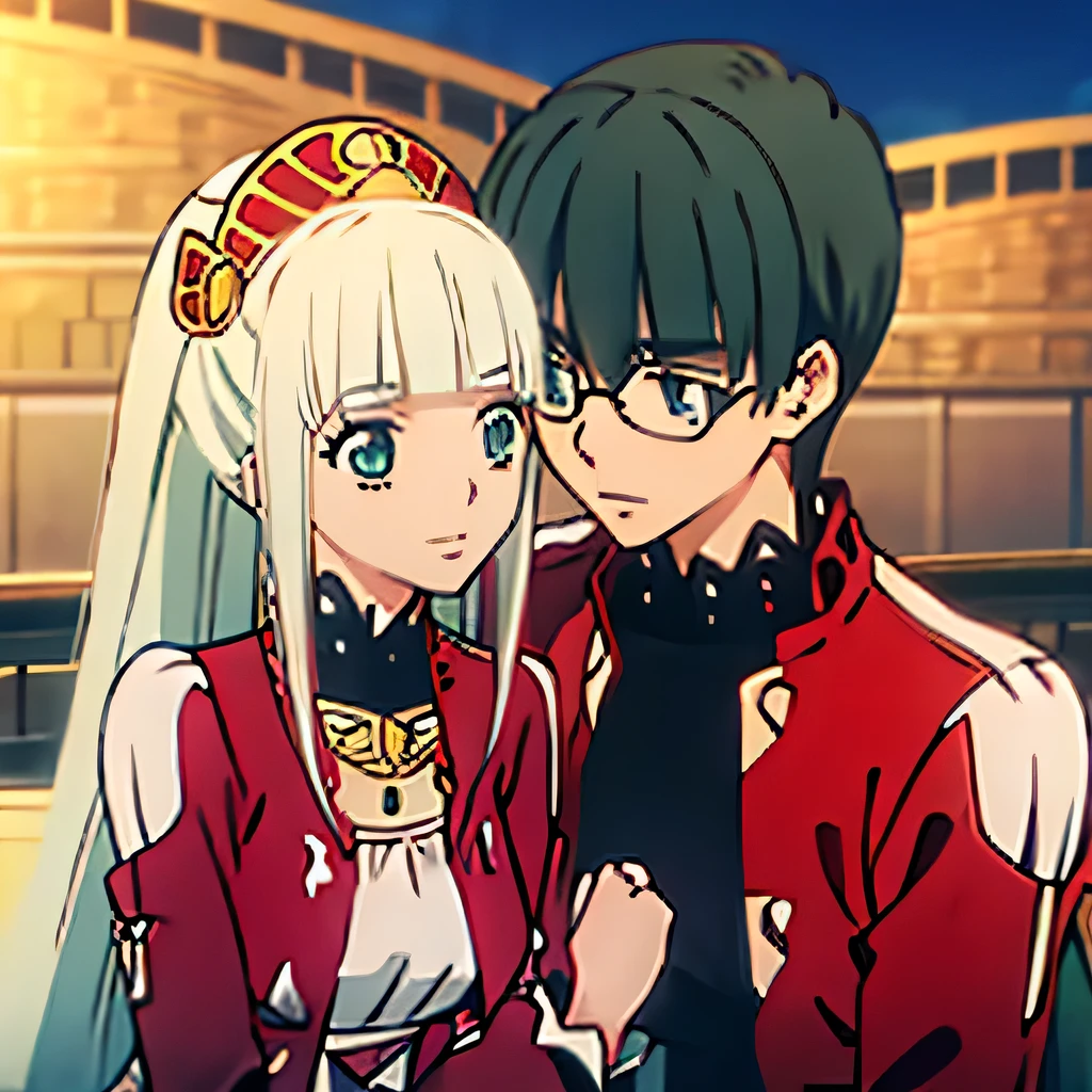 1 boy with black hair, Red jacket and glasses romantically kissing a girl in a red and white dress Long light green hair and green eyes, bright city at night in the background., True love, blushing cheeks, high quality