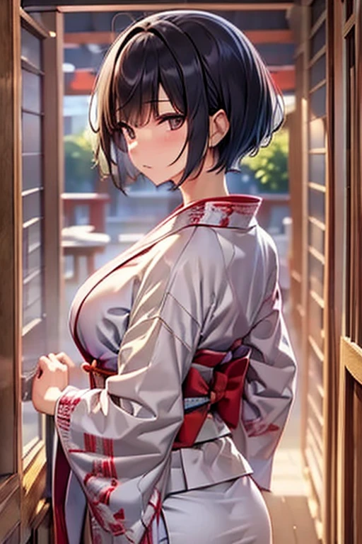 (Tabletop),(Highest quality), shrine_stone stage_torii、kimono_White,band_red,Turn your back,Rotated,One mature woman,Short Bob,Black Hair,Black eyes big ass，Abnormally large breasts，Textured skin、Highly detailed eyes and face、Beautiful and fine details、double eyelid、Large file size、High resolution、Highly detailed skin、Highest quality、8k wallpaper、Large Breasts,Fascinating Underwear、I can see your chest.