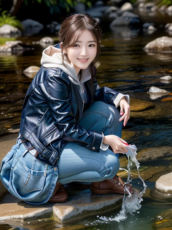 Photo-realistic quality、A woman wearing a black jacket and jeans、Crouching on a rock in the stream,  Shining in the flowing stream, Squatting near water,Water scooped up in the hand is running down the hand、looking at the camera、Detailed and beautiful eyes、Cute smile、A soft and gentle look