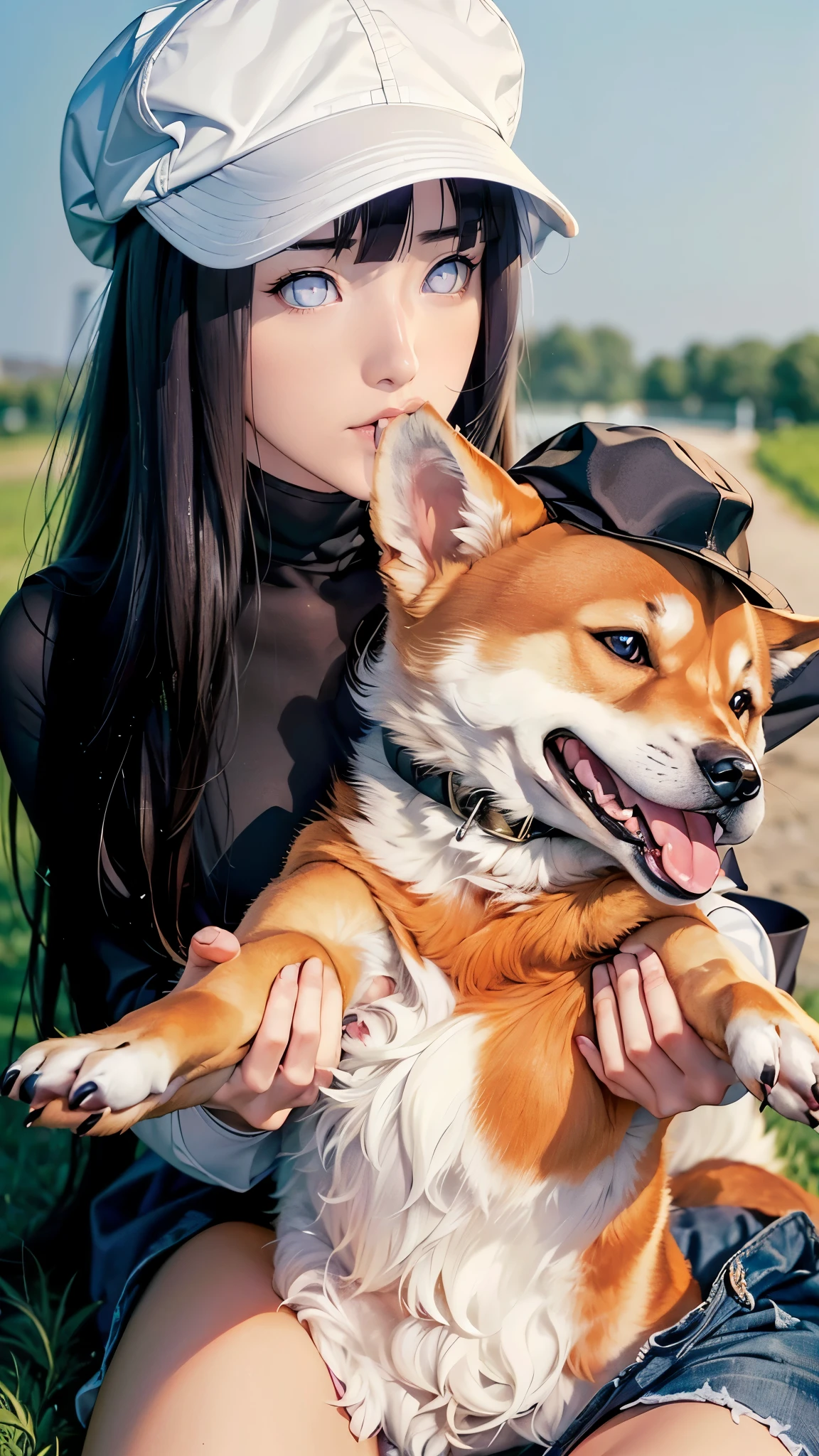 (((Perfect body,White and tender skin,,(((hyuugahin,hyuugahin,hinata\(boruto\),hyuugahin,"black long hair",Blue eyes,blunt bangs))),((masterpiece)),highres,((Best quality at best)),masterpiece,quality,Best quality,((( Exquisite facial features,Looking at the audience,There is light in the eyes, ))),A girl,Wearing a duckbill hat,Holding a Shiba Inu in my arms,Open mouth and bite the Shiba Inu's ears))),(((Light and shadow,))),(((Looking at the camera,)))),(((White shirt,Grey Knit Sleeveless Sweater,Gray skirt)))