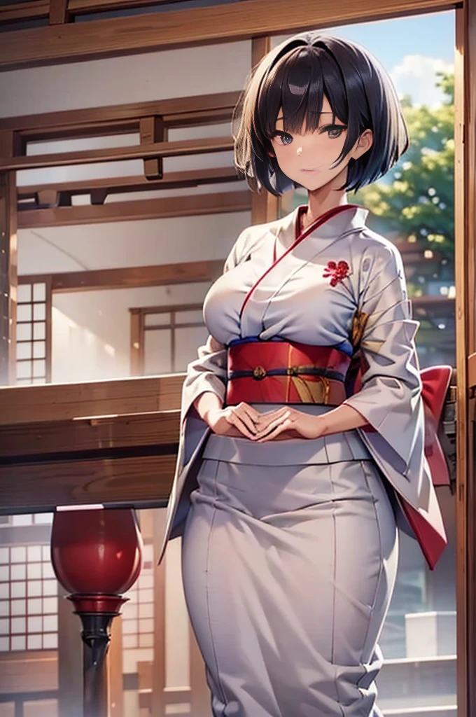 (Tabletop),(Highest quality), shrine_stone stage_torii、kimono_White,band_red,Turn your back,Rotated,One mature woman,Short Bob,Black Hair,Black eyes big ass，Abnormally large breasts，Textured skin、Highly detailed eyes and face、Beautiful and fine details、double eyelid、Large file size、High resolution、Highly detailed skin、Highest quality、8k wallpaper、Large Breasts,Fascinating Underwear、I can see your chest.