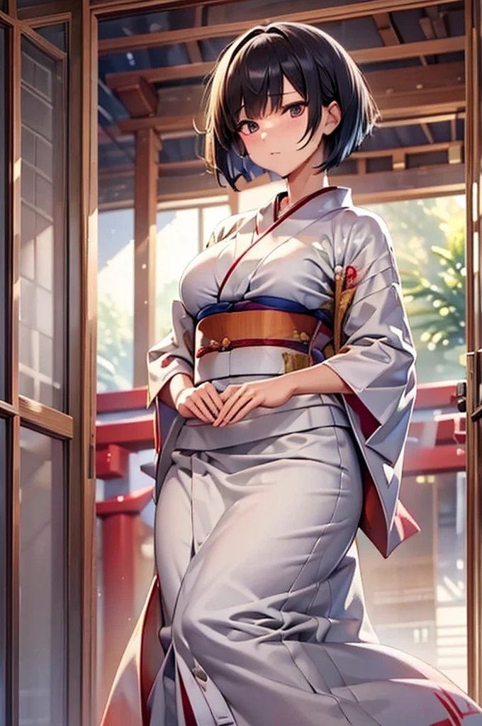 (Tabletop),(Highest quality), shrine_stone stage_torii、kimono_White,band_red,Turn your back,Rotated,One mature woman,Short Bob,Black Hair,Black eyes big ass，Abnormally large breasts，Textured skin、Highly detailed eyes and face、Beautiful and fine details、double eyelid、Large file size、High resolution、Highly detailed skin、Highest quality、8k wallpaper、Large Breasts,Fascinating Underwear、I can see your chest.