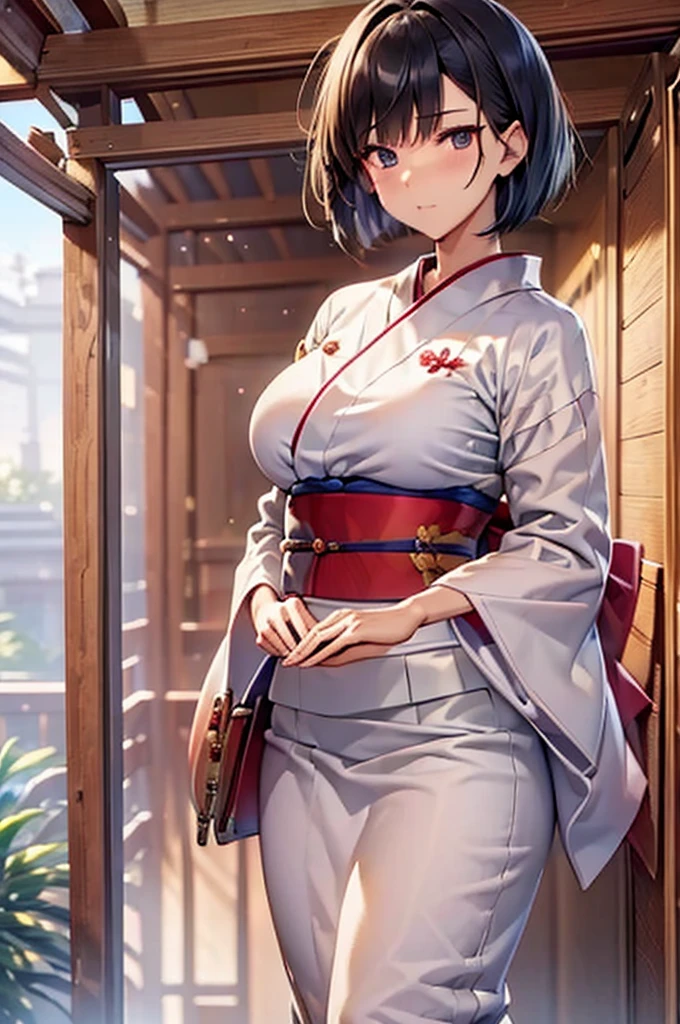 (Tabletop),(Highest quality), shrine_stone stage_torii、kimono_White,band_red,Turn your back,Rotated,One mature woman,Short Bob,Black Hair,Black eyes big ass，Abnormally large breasts，Textured skin、Highly detailed eyes and face、Beautiful and fine details、double eyelid、Large file size、High resolution、Highly detailed skin、Highest quality、8k wallpaper、Large Breasts,Fascinating Underwear、I can see your chest.