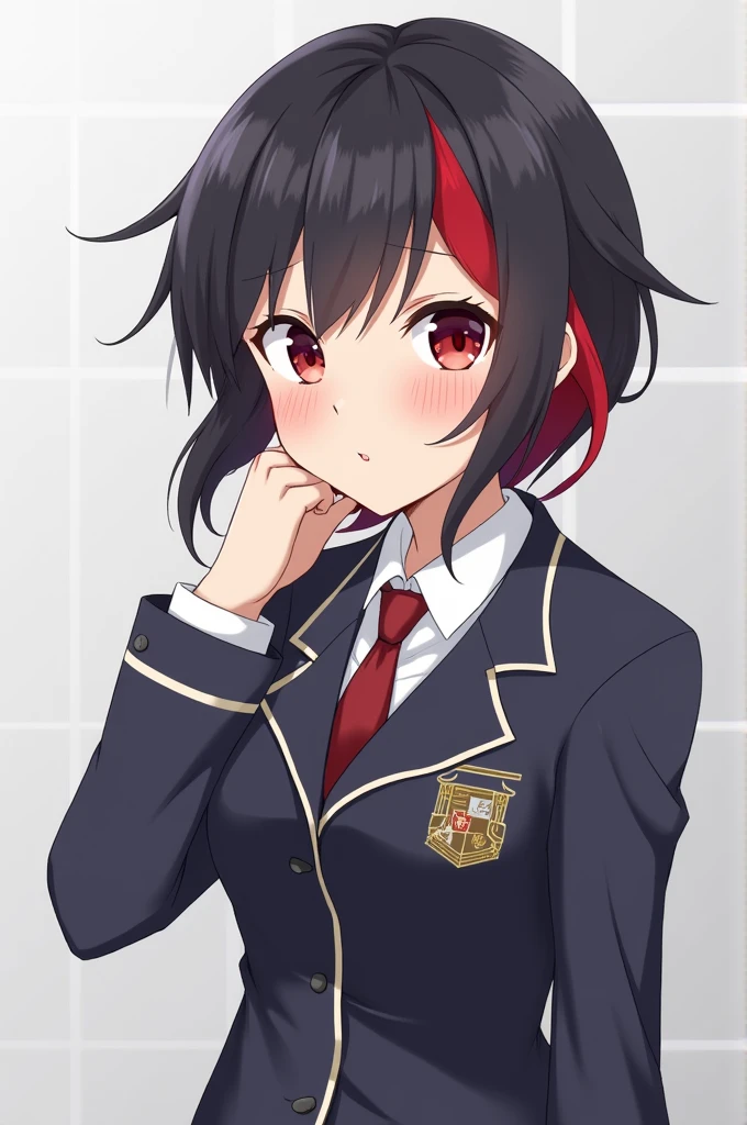 lucifer \(umineko\), red eyes, black hair, hime cut, straight hair, red jacket, cropped jacket, white shirt, undershirt, collared shirt, frilled leotard, garter straps, black thighhighs, (((umineko no naku koro ni))) sadistic smile,deep shaded face,,smile worst,worst ridecule,evil moukery,,,two hands,five fingers,black background,A face full of evil,Too evil ridicule