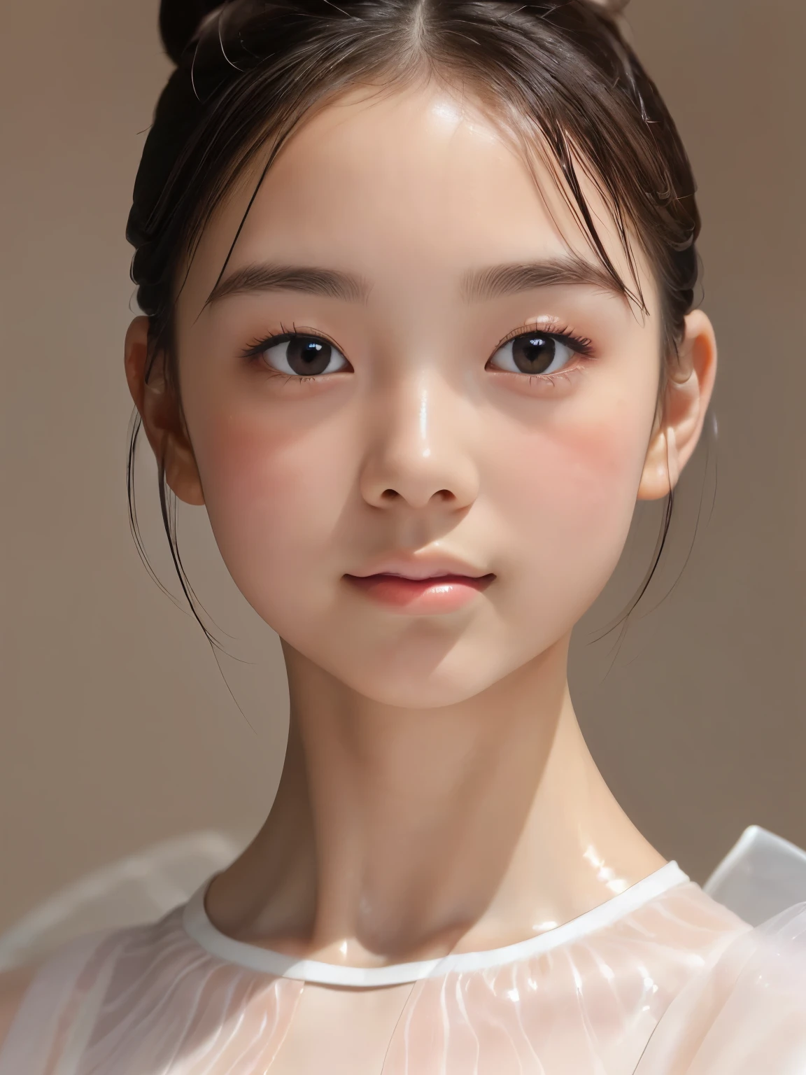  (((JPGND))), (1girl), Masterpiece, Best Quality, Ultra-realistic capture, Highly detailed, High resolution 16k, precise face, precise eyes, (((perfect limbs, perfect anatomy))), (( cute girl, natural white skin, glossy skin, (ballet tutu), Skin should look healthy, realistic skin texture, Skin texture must be natural, close-up of human skin. parted lips, Height is 145cm, round face:1.4)), (((ballet chignon, one bun hair))), ((dark brown eyes, thin lips, thin eyebrows, wet skin, moist and shiny skin)), shy smile, (((above waist)))