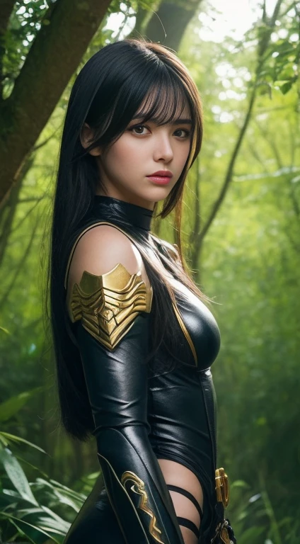 8k,Small-breasted cat girl in black and yellow costume posing for a photo, small breasted cat girl, Attractive cat brown hair girl, Fantasyart, Cat Girl,  wojtek fus, wears a black and yellow exterior, teens girl, Trending on CGSTATION,in woods,