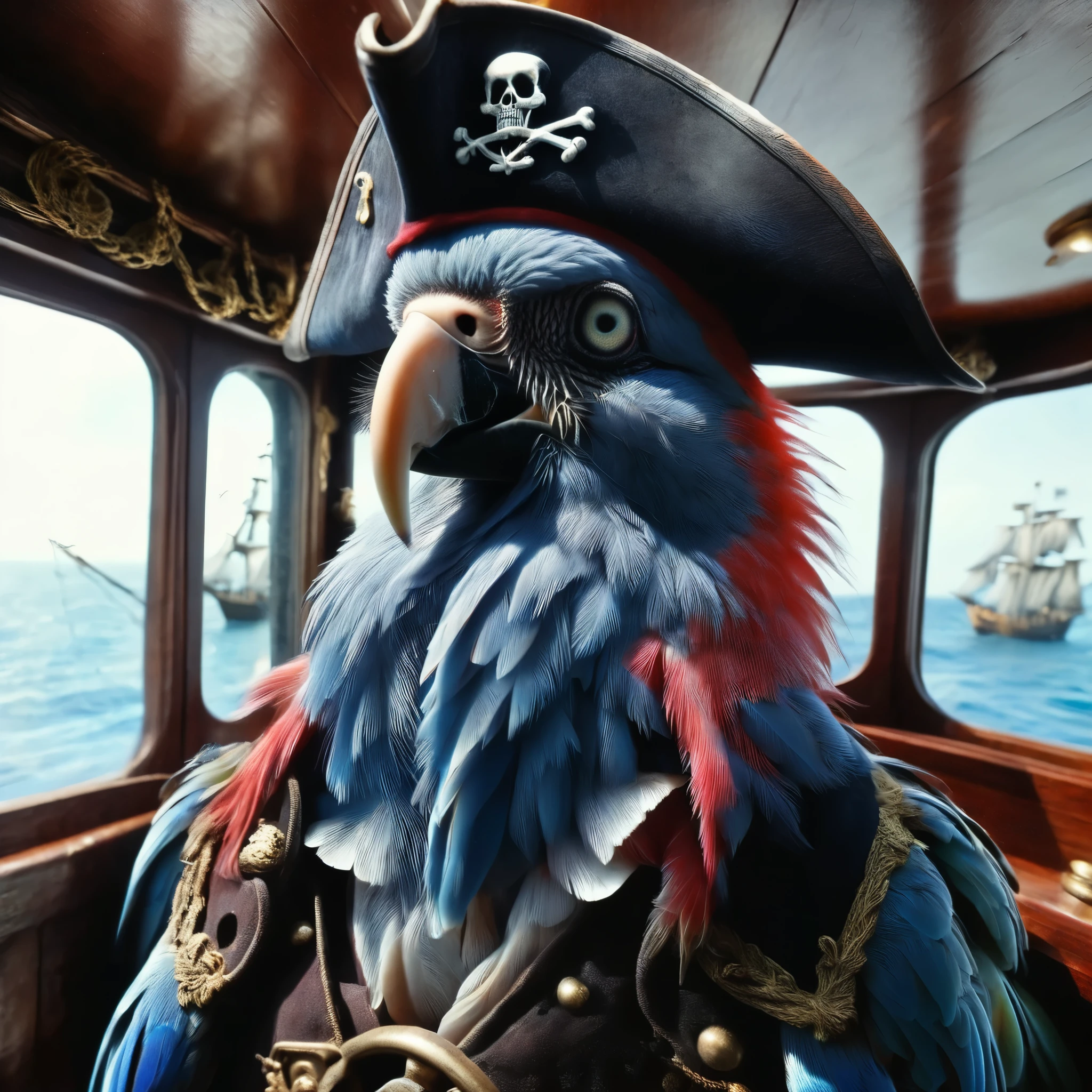 (Watercolor painting) of (art by Jean Ignace Isidore Grandville:1.3) of (The Pirate Parrot, A swashbuckling parrot with a pirate hat and a cutlass. Piratey reds, oceanic blues, and daring blacks. Adventurous and daring:1.3),character focus, Natural Lighting, Volumetric Lighting, Volumetric Light, Volumetric, absurdres, high resolution, (8k resolution), 8k, 8kres, 8k res, super resolution, ultra hd, megapixel, Establishing Shot, Deep Focus, Hip Level Shot, Quarter Turn Camera Staging, From Front, From Side,