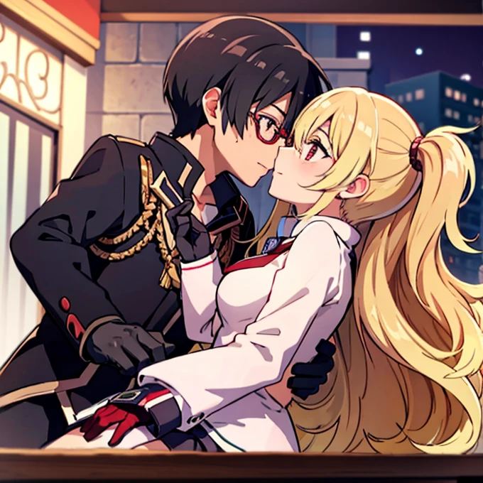 1 boy with black hair, Red jacket and glasses romantically kissing a girl with blonde hair and red eyes. City at night in the background., True love, blushing cheeks, high quality 