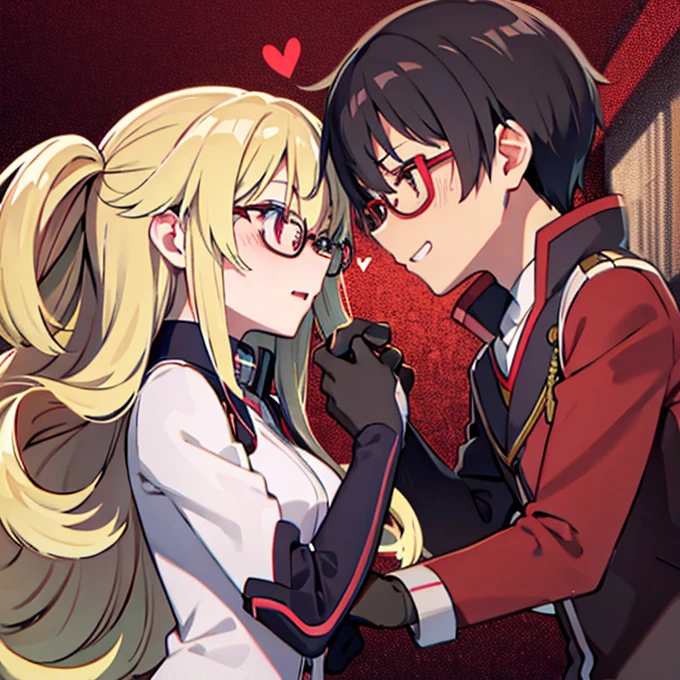 1 boy with black hair, Red jacket and glasses romantically kissing a girl with blonde hair and red eyes. City at night in the background., True love, blushing cheeks, high quality 