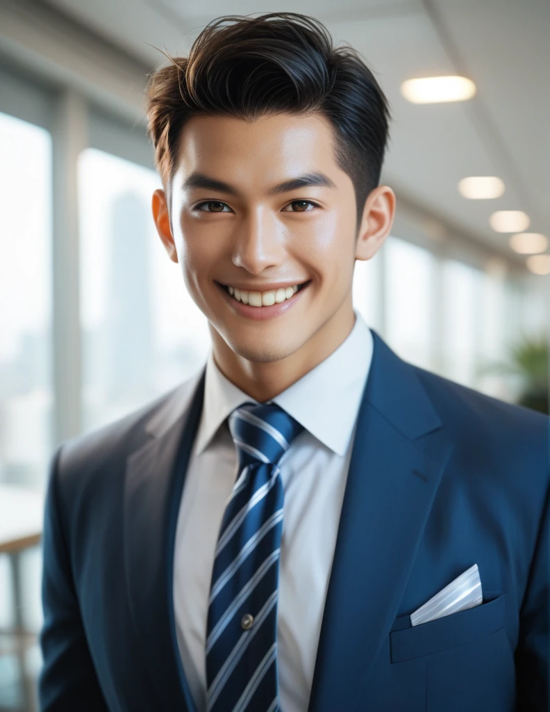 Highest photo quality、Very complex and detailed、Japanese、Male in his early 30s、Natural smile with visible teeth、The most detailed and realistic office building meeting room、business suit、Extend one&#39;s hand to shake with a business partner、View your viewers、Ultra HD、Ultra HD Shining Eyes、Glowing white beautiful skin、The whole body is visible