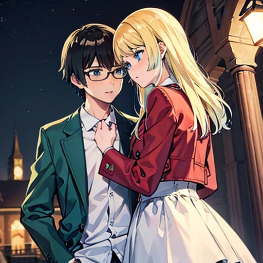 1 boy with black hair, Red jacket and glasses romantically kissing a girl with blonde hair with green tipsand blue eyes, white dress. Church at night in the background., True love, blushing cheeks, high quality 