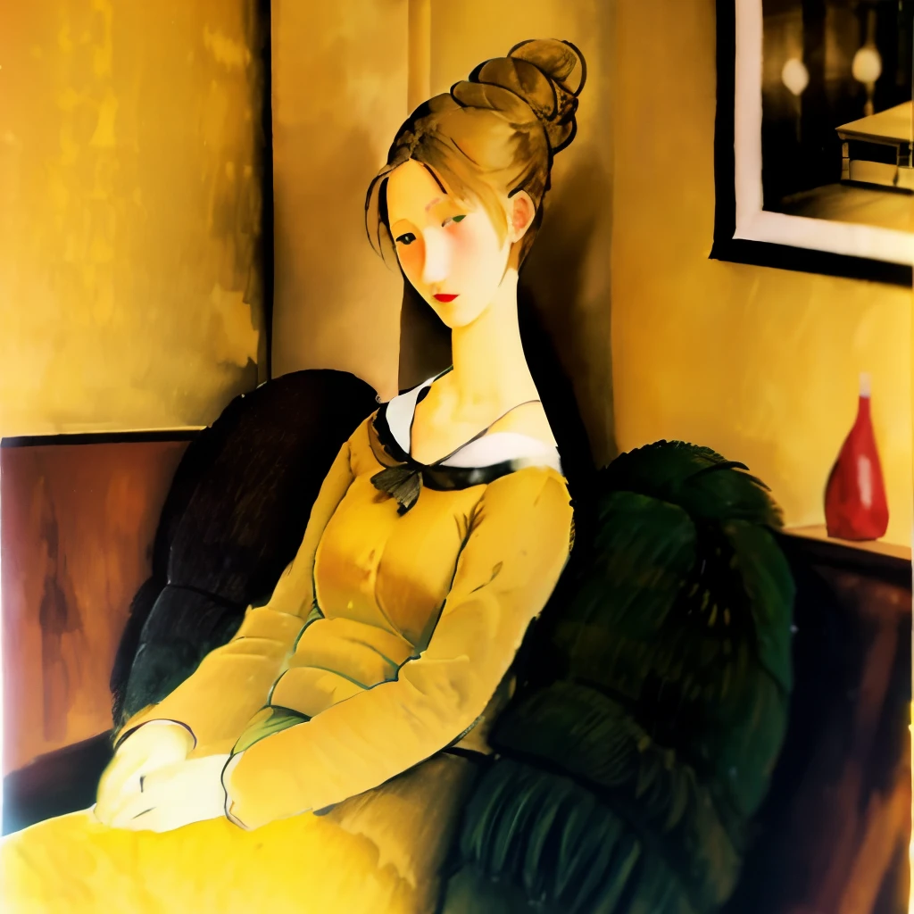 A woman relaxing in a yellow living room、Can be viewed