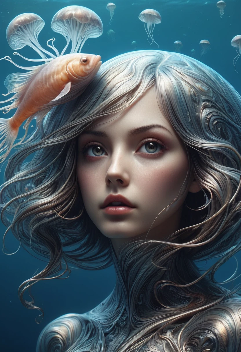 high quality, 8K Ultra HD, Surreal portrait of a stunning woman. 
Beautiful girl with the head of a deep sea creature., jellyfish, Fishหมึก, Fish, Portrait of a female man, (Realistic facial details), Complex and meticulous, Very high detail, Photorealism, 8K, Ultra HD, Ultra Detailed, (Dynamic poses:1.4),