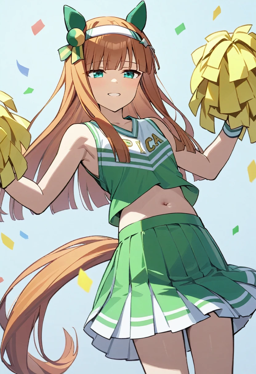 One girl, Silence Suzuka \(umamusume\), umamusume, Cheerleader, Clothes writing, Pleated skirt, pom-pom \(cheer leading\), clavicle, Green and white outfit, Green Skirt, Horse tail, Long Hair, ear, whole body, White knee-high socks, No sleeve, Raise your arms, Wristband, smile, belly button, Studio Lighting, (masterpiece, Highest quality), High resolution, Detailed Shadows, blue sky, (Confetti)