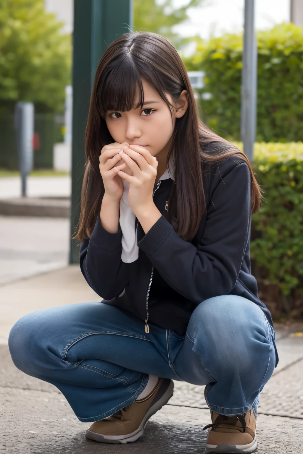 Scared woman、I shrunk and sat down.