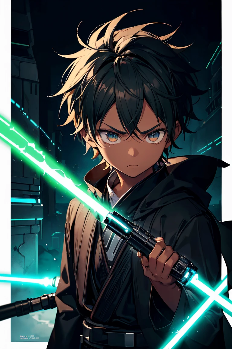 jedi boy, 1boy, black jedi robes, orange lightsaber blade, short spiky hair, rat tail hairstyle, brown skin, black hair, green eye color, ((detailed lightsaber hilt)), ((super detailed lightsaber)), ((HD lightsaber)), ahohge, serious expression, sad face, dark skin,  cat ears