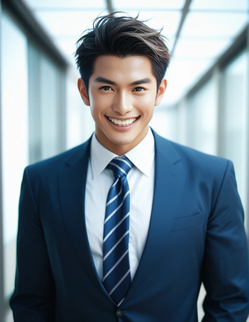 Highest photo quality、Very complex and detailed、Japanese、Male in his early 40s、Natural smile with visible teeth、The most detailed and realistic office building meeting room、business suit、Extend one&#39;s hand to shake with a business partner、View your viewers、Ultra HD、Ultra HD Shining Eyes、Glowing white beautiful skin、The whole body is visible from a short distance away