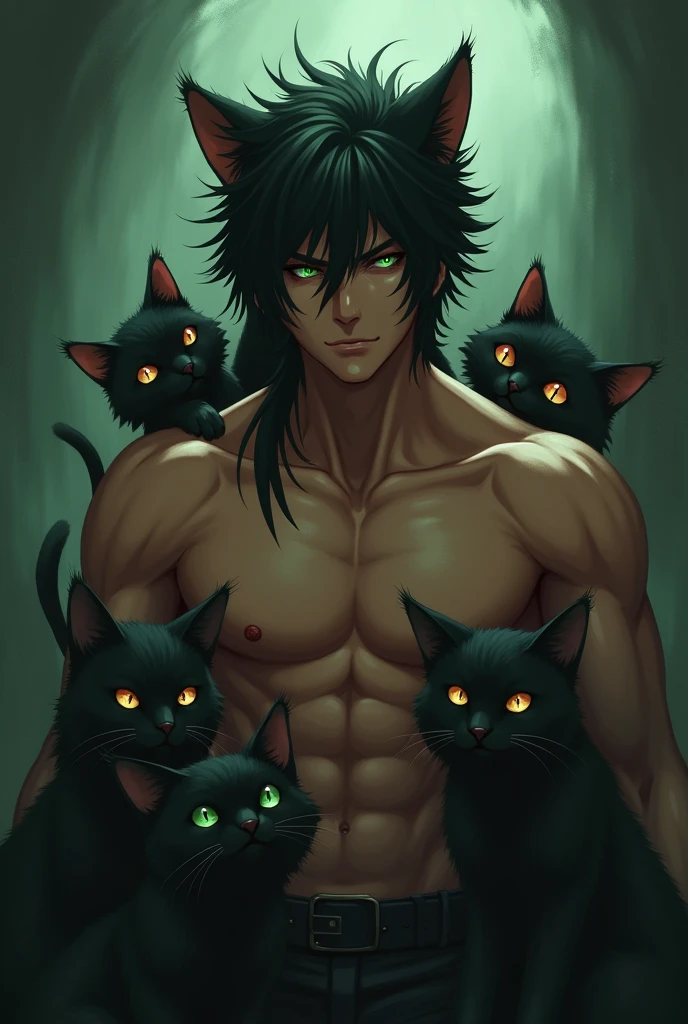 shirtless Anime guy with dark skin black hair cat ears dark and green eyes while being surrounded by cute black cats