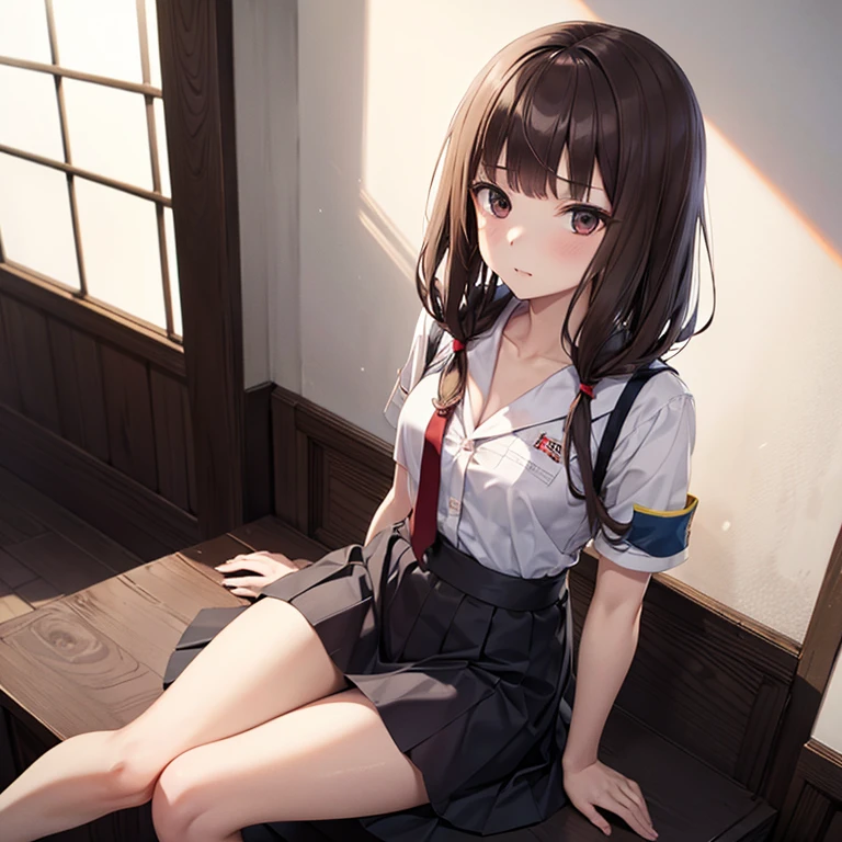 （She sits on the stairs and lifts her skirt to show her underwear.）、sex appeal、Japanese women、20-year-old、（Slender）、((Prison uniform)),drop shadow, atmospheric perspective, 8k, super detail, best quality, uhd, masterpiece, accurate, anatomically correct, textured skin, super detail, high details, best quality, (RAW Photos),