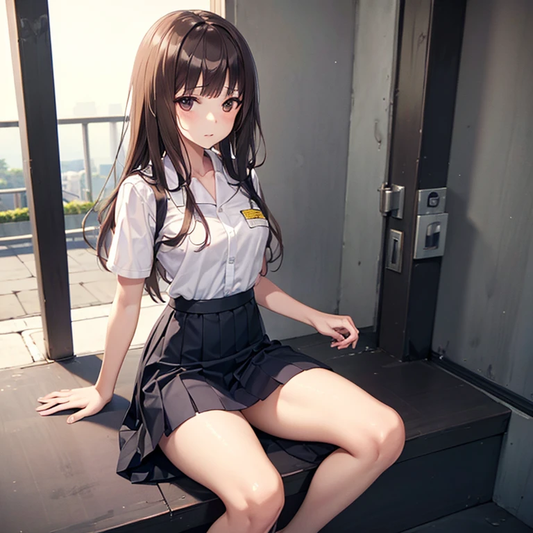 （She sits on the stairs and lifts her skirt to show her underwear.）、sex appeal、Japanese women、20-year-old、（Slender）、((Prison uniform)),drop shadow, atmospheric perspective, 8k, super detail, best quality, uhd, masterpiece, accurate, anatomically correct, textured skin, super detail, high details, best quality, (RAW Photos),