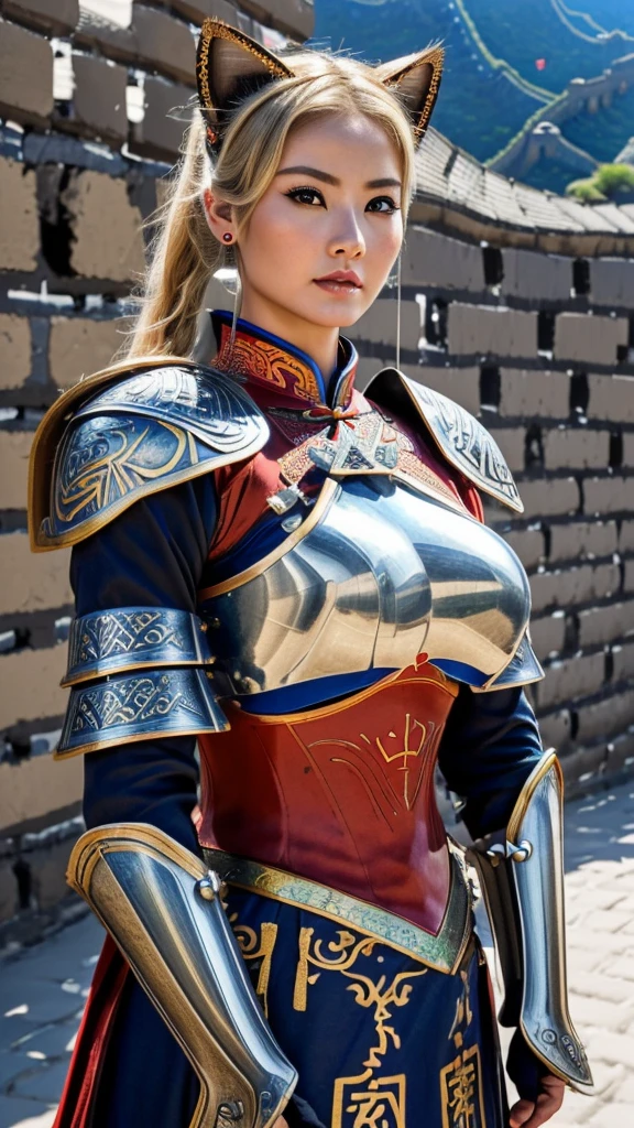 (1 female)), ((16K)), Mature Woman, ((((Female warrior with a spear))))、(((Attractive Swedish model:1.0))),((Beautiful Swedish Model))、(((Cat ear)))、(((Cat earの女性)))、(((China dress)))、(((Chinese National Costume)))、(((Toned body))),(((Big Breasts))),(((Big Breasts))), ((8k, Highest quality:1.2))、((masterpiece)), High resolution, (Skin Texture:1.1), Highest quality, 超High resolution, (Realistic: 1.4), RAW Photos,((Perfect Face))、Age 35, , Blonde,Voluptuous body、(((The background is the Great Wall..))),(((The background is the Great Wall..))),Chinese landscape ((Female Warrior with a Sword)), masterpiece, ((Ultra HD)), Insane Details, Realistic, Detailed face, 詳細なSkin Texture, Blurred Background, (( Wearing a breastplate)), (((Big Breasts))), (Ancient fantasy soldiers),(Ancient soldier armor),Combat Accessories,vision, Perfect Face, Delicate eyes, Voluminous lips, Long, narrow eyes、Big eyes, ((Image of China))、(((Armor with intricate patterns))、Looking into the camera、Looking into the camera、Metal shoulder pads、Woman with Chinese sword、Red and white armor、Dynamic Napause