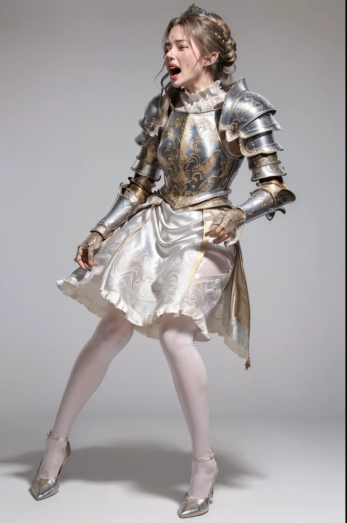 masterpiece, best quality photo, a beautiful princess knight is screaming and crying, (fancy engraved medieval metallic armor on top:1.3), (ornate silk skirt:1.2), (thigh high white stocking:1.3), white high-heel:1.2, light gray metal armor, (detailed facial expression:1.2), extremely beautiful, grimace, screaming, crying eyes, wide open lips:1.3, rich bun hair:1.1, (painful screaming facial expression:1.2), dynamic pose,