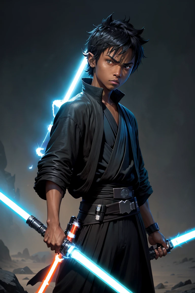 jedi boy, 1boy, black jedi robes, orange lightsaber blade, short spiky hair, rat tail hairstyle, brown skin, black hair, green eye color, ((detailed lightsaber hilt)), ((super detailed lightsaber)), ((HD lightsaber)), ahohge, serious expression, sad face, dark skin,  cat ears