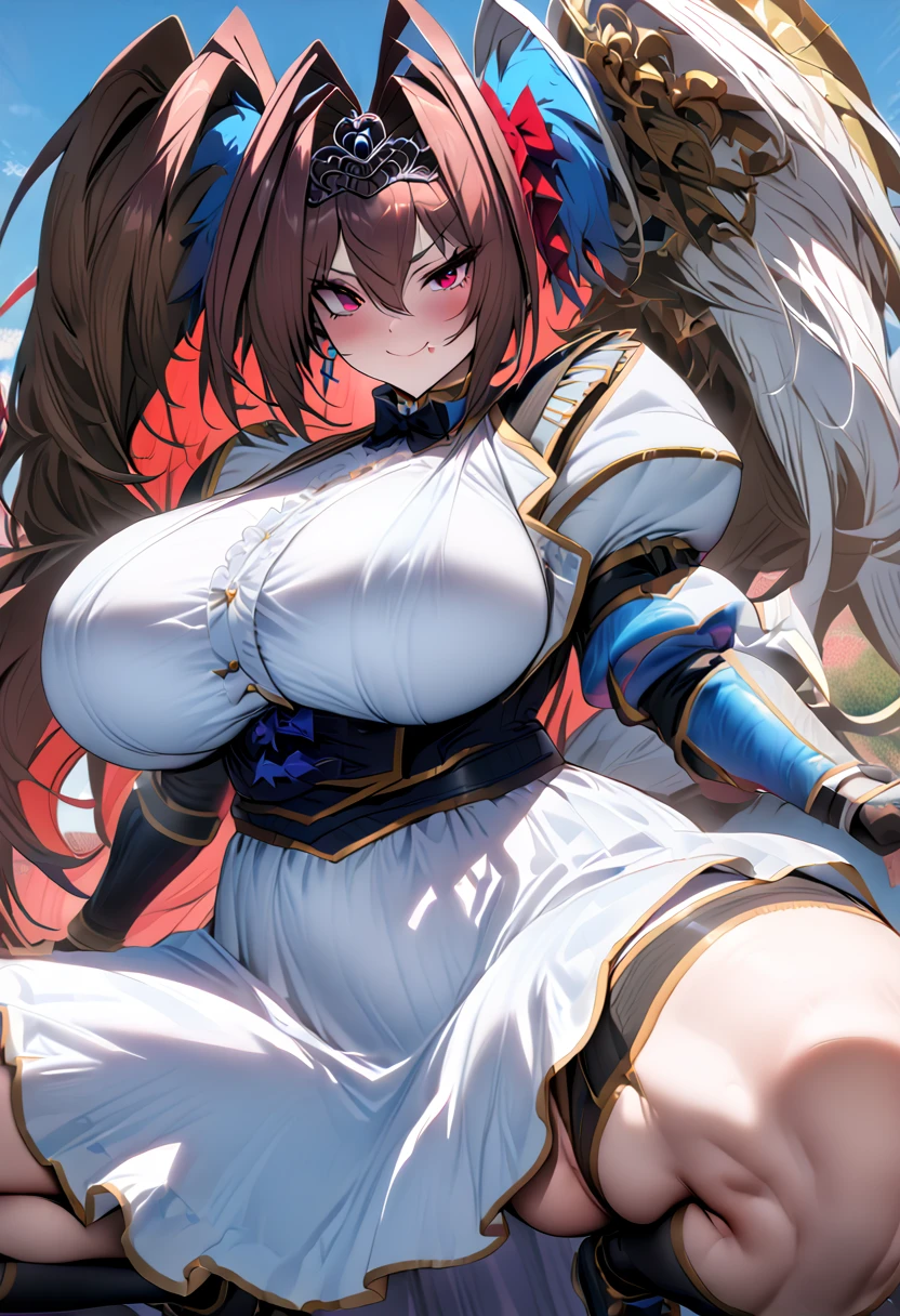 (((((Daiwa Scarlet1名)))))、(Uma Musume),((Super huge huge chests)),(blue sky)、(Turf)、(((White and blue dress)))、((Squat))、((Spread your legs))、(smile)、((Show me your crotch))、,{{{Browsing Caution}}}、{{{masterpiece}}}, {{{Highest quality}}}, {{ultra-detailed}}, {{shape}}, {{{Very delicate and beautiful}}},{{extremely detailed CG}}、{{unity 8k portrait}}、{{Fabric Shading}}、{{super detailed skin}}、{{Perfect Anatomy}}、{{detailed}}、{{Dynamic Lighting}}、{{{beautiful detailed eyes}}}、{{{beautiful detailed Face}}}、{{{Realistic, RAW Photos}}}、(Perfect Face)、(非常にdetailedな顔)、(Perfect Eyes)、(highlight)、(Perfect Legs)、(Perfect breasts)、(Perfect pose)、(Perfect body)