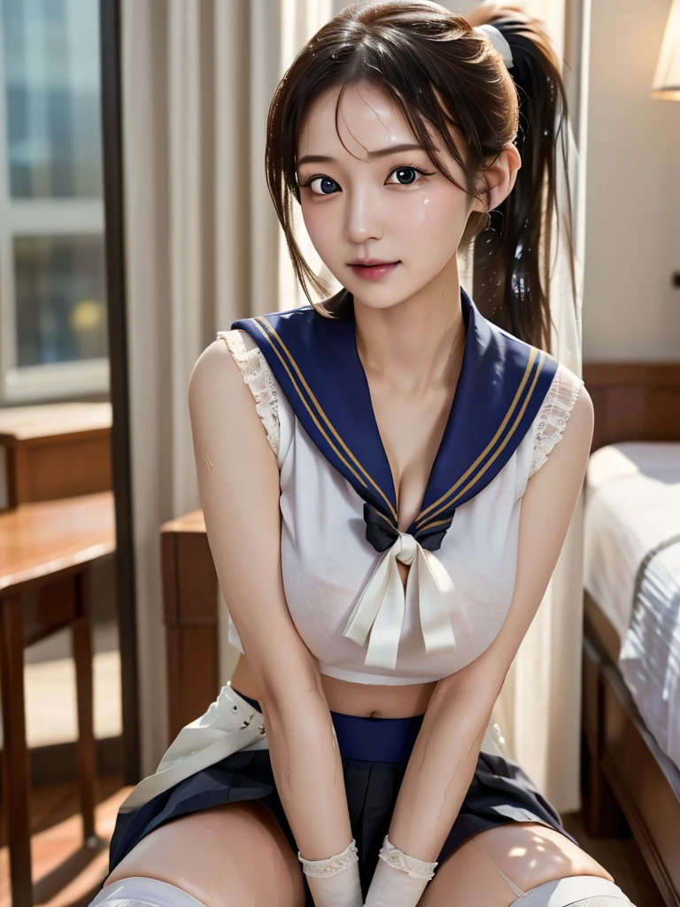 Japanese beautiful married woman, 
realism, hyperrealism, ultra sharpness, intricate details), 8K photo, master piece, best quality, ultra high res, (photorealistic: 1.4), 
30 yo, 
(looking at the camera:1.4), 
(round face: 1.2), 
(big breasts, cleavage: 1.4), 
ash long hair, (ponytail: 1.4), 
natural skin texture, detailed skin,
Adorable expression, 
detailed cute lips, (Close One Eye: 1.4), 
(shy look:1.4), o-face, beautiful face,se-xual ecstasy:1.4,
(Open the Thief: 1.4), 
(hotel bedroom in the night:1.4), 
(Open your legs and show your crotch:1.4), 
(M-shaped spread legs:1.4), 
(two hands and two feet: 1.7),  
(A pose where you support your lower body with both hands and stick out your crotch:1.4), 
(Breast milk is dripping: 1.4), 
(Breast milk gros. out: 1.4), 
(Big Areola 1.4), (Her Breasts Are All Sticking Out From Her Clothes: 1.4), 
(Breasts covered in breast milk: 1.4), 
(avoid excessive fabric on breasts as much as possible: 1.4), 
(Bride white arm cover: 1.4), 
(High school girl sailor miniskirt uniform with little fabric that almost spills out your breasts with a V-shaped opening from the cleavage to below the navel: 1.4), 
There is almost no fabric to cover the chest, 
big tits, small hips, 
Expose a lot of skin, 
Transparent T-back shorts,  
Expose the Navel, 
(There is no fabric from the chest to the navel: 1.7), 
(knee-high white lace socks: 1.4), 
(High school girl sailor miniskirt uniform are worn in:1.4), 
(A lot of sweat drips from the whole body: 1.4), 
(Getting wet while rotorvibe mastur-bating:1.4), 
se-x, s-ex, h,h, ahe, 