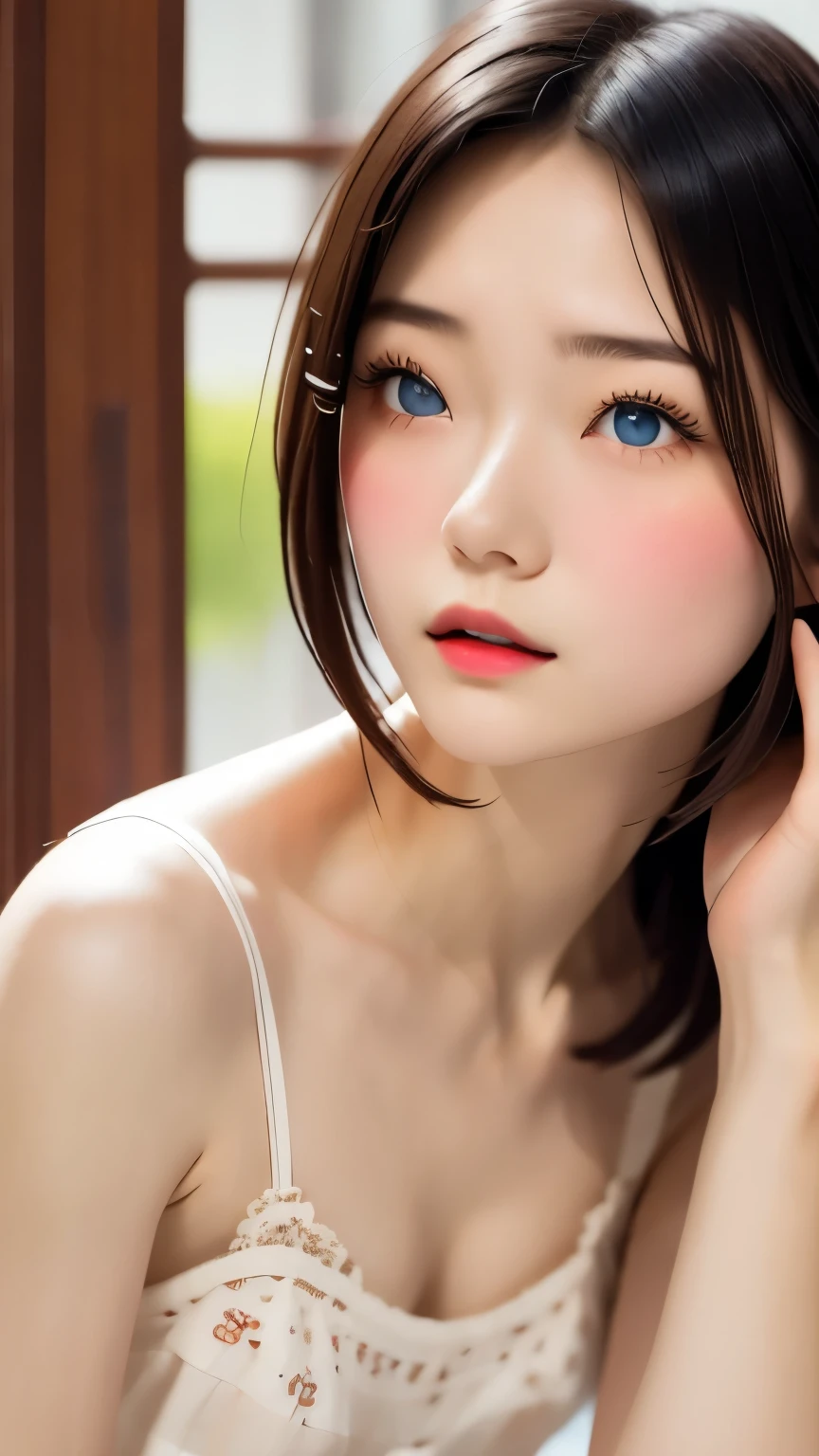 cute, (Black Hair、White Mesh), ((Short Bob)), Perfect Face, An innocent smile, Upper Body,(blue eyes), (Yan), (small), (thin), ((Flat Chest)), ((Only 16)), Skin dentition, Very detailed, Attractive oval face, Red lips, pink, Glowing Skin, thin髪, Face Focus, Chest close-up, Gorgeous hair ornament, ((1 person)), Embarrassed expression,