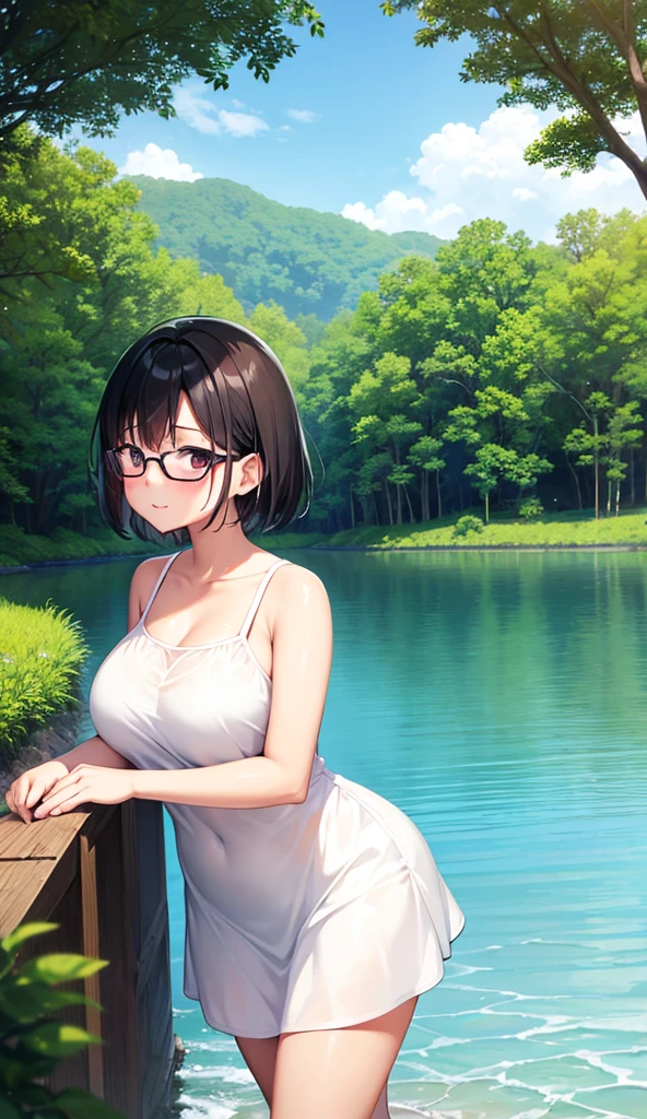 Chubby mature woman wearing glasses、Plain short black hair、Sun-tanned skin、Camping on the riverbank、A short white dress、Playing in the water and getting soaked、High resolution ,Highest quality、solo,Blushing in good spirits,